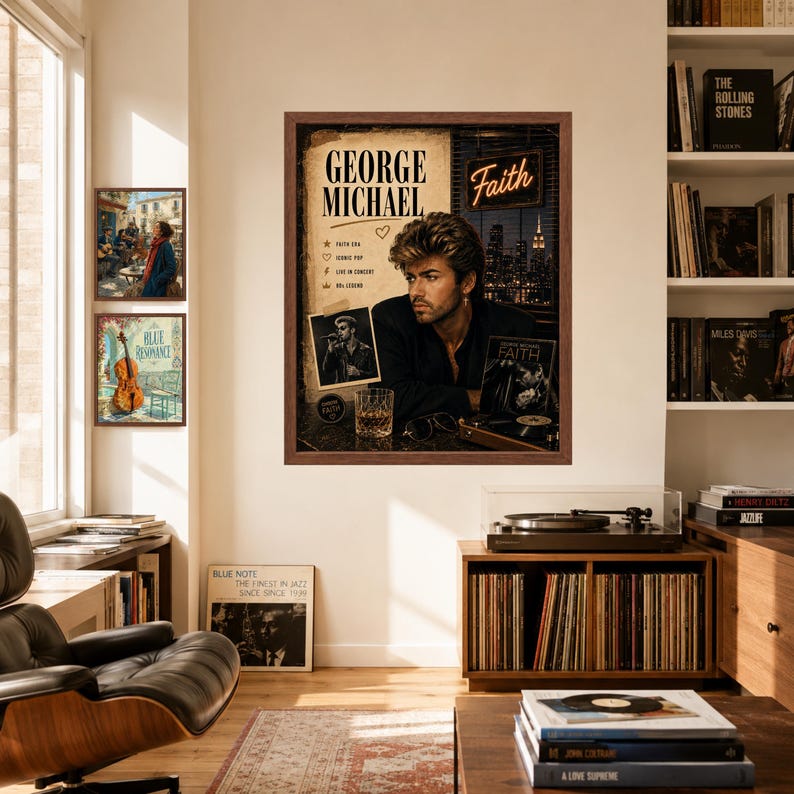 K&ouml;nnte beinhalten: Ein gerahmtes Wandposter mit George Michael, dem Text Faith, einer Skyline, einem Glas Whiskey und einem Plattenspieler. Das Poster enth&auml;lt den Namen des K&uuml;nstlers, ein kleines Herzsymbol und Aufz&auml;hlungspunkte mit Faith Era, Iconic Pop, Live in Concert und 80s Legend.