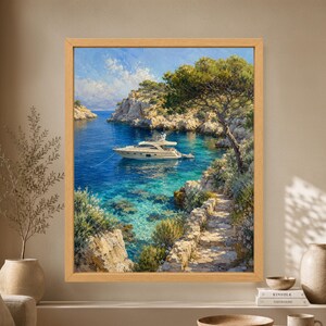 Framed Mediterranean yacht wall art showing a white luxury boat anchored in a clear turquoise cove surrounded by limestone cliffs, pine trees and a sunlit coastal path.