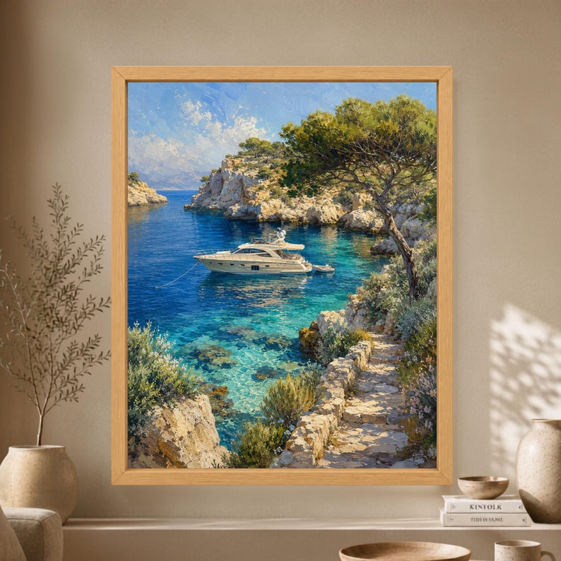 Framed Mediterranean yacht wall art showing a white luxury boat anchored in a clear turquoise cove surrounded by limestone cliffs, pine trees and a sunlit coastal path.