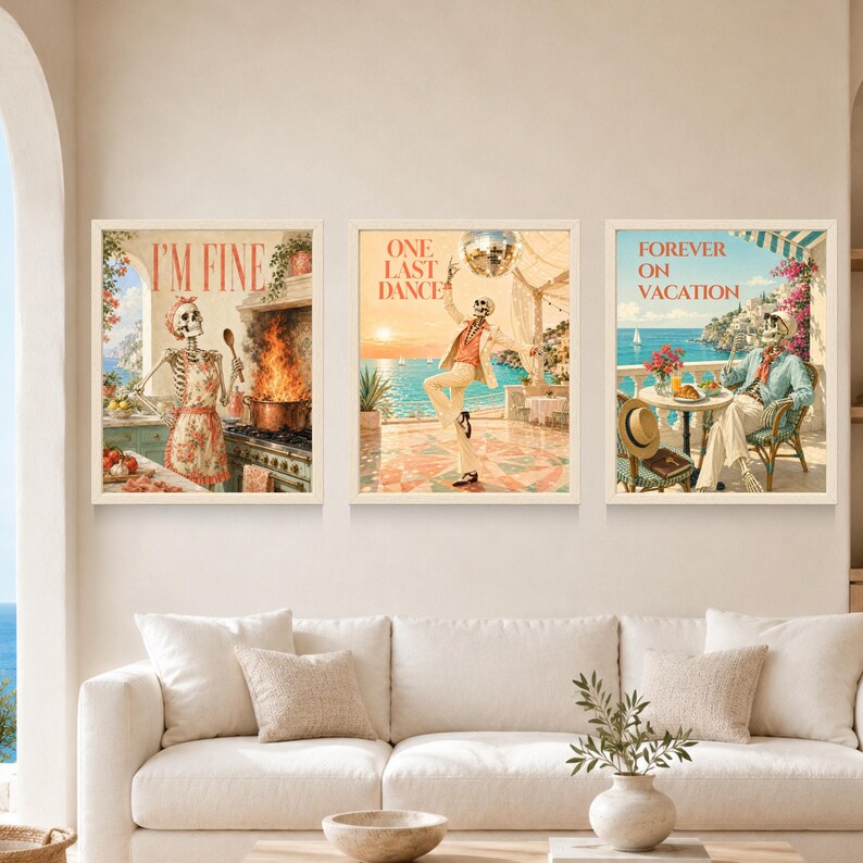 May include: Three framed wall art prints featuring skeleton figures. The first shows a skeleton in an apron cooking with the text I'M FINE. The second depicts a skeleton dancing under a disco ball with the text ONE LAST DANCE. The third shows a skeleton relaxing by the sea with the text FOREVER ON VACATION.