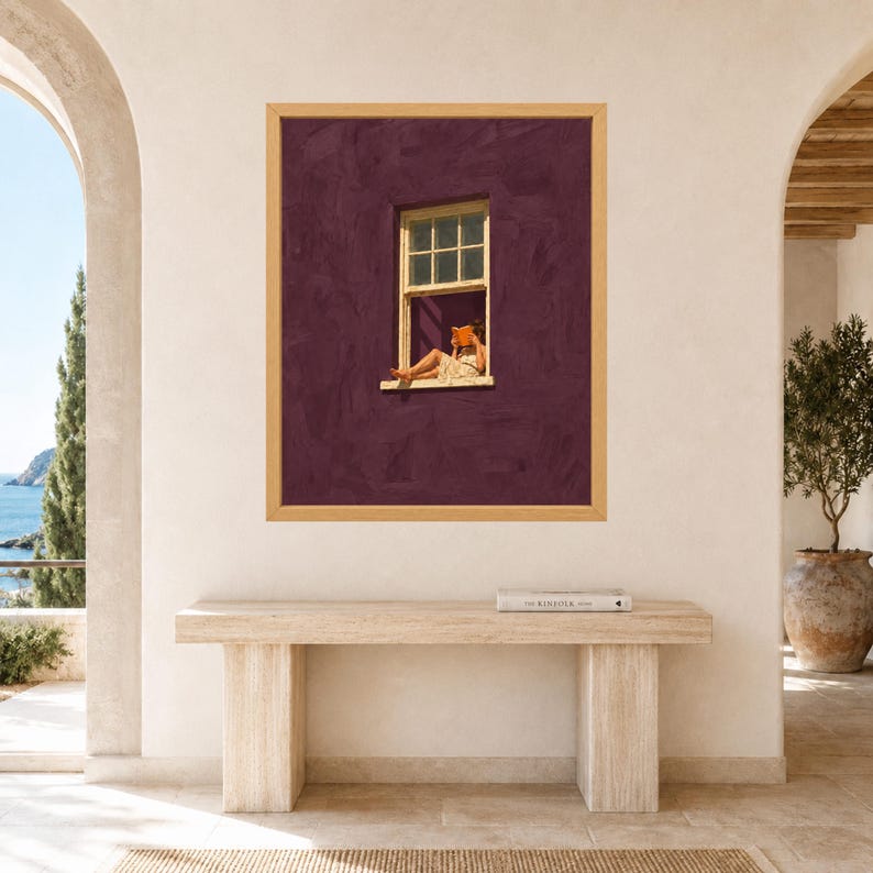Woman Reading Window Print, Burgundy Wall Art, Minimalist Book Lover Decor (Digital Download) image 8