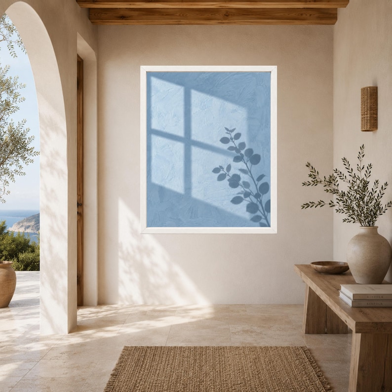 Dusty Blue Botanical Shadow Print, Minimalist Leaf Window Art (Digital Download) image 6
