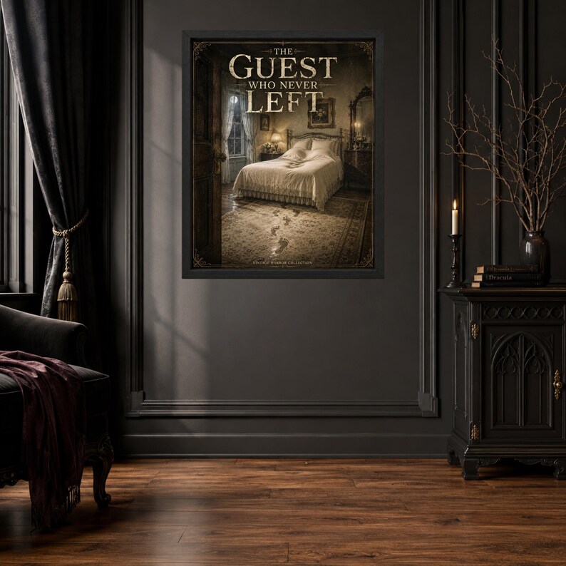 May include: A framed wall art print titled The Guest Who Never Left, featuring a dark, atmospheric bedroom scene with a made bed, a window, and a trail of footprints leading across the floor, all rendered in muted, sepia-toned colors.