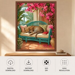 Leopard Wall Art, Tropical Jungle Poster, Big Cat Print, Botanical Boho Decor, Digital Download afbeelding 10