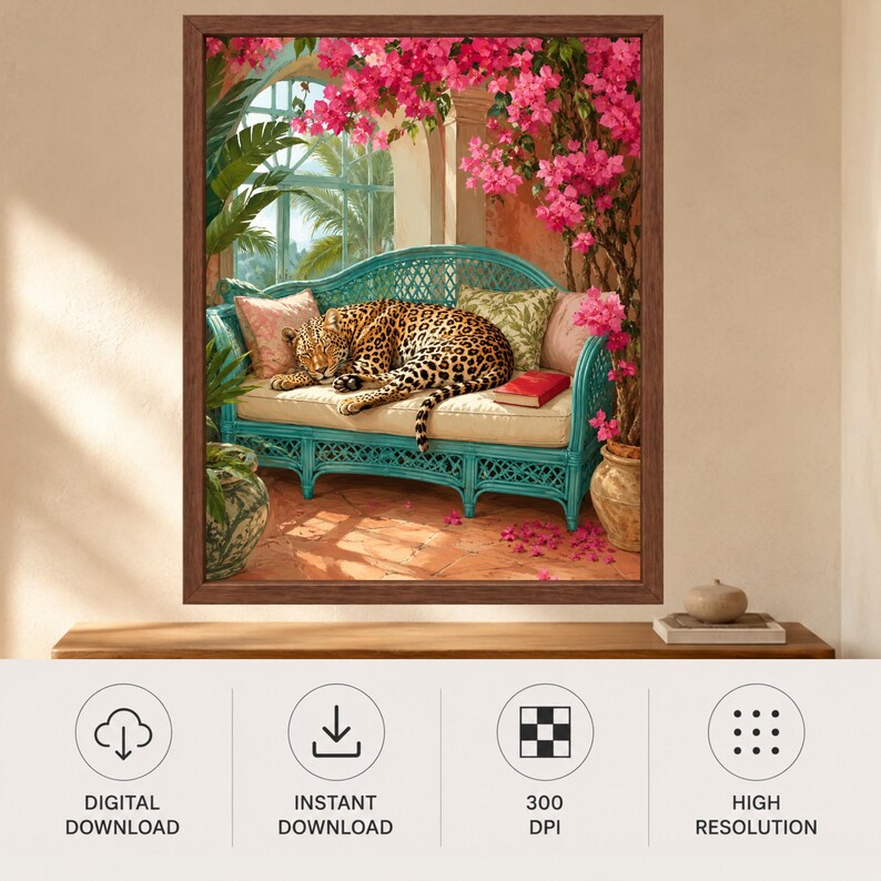 Leopard Wall Art, Tropical Jungle Poster, Big Cat Print, Botanical Boho Decor, Digital Download afbeelding 10