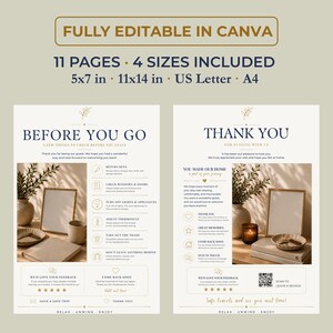 May include: A digital template set featuring two informational signs for guests, titled BEFORE YOU GO and THANK YOU. The design includes text, icons, and placeholders for photos, available in 5x7 in, 11x14 in, US Letter, and A4 sizes, fully editable in Canva.