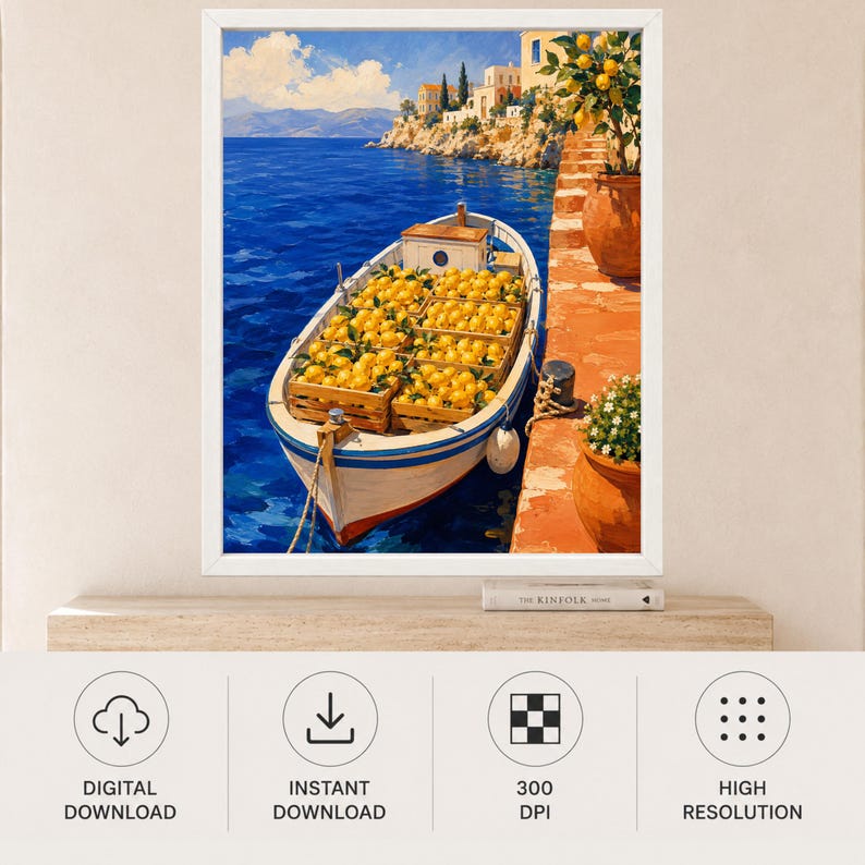 May include: A painting of a white boat filled with wooden crates of bright yellow lemons floating on deep blue water. A terracotta-colored stone path runs along the side with a potted lemon tree and white flowers in a matching clay pot.