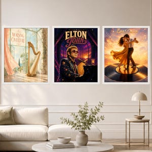 May include: Three framed wall art prints. The left print shows a harp in a sunlit room with the text Morning Overture. The center print features Elton John at a piano with a sunset background. The right print depicts a couple dancing on a vinyl record.