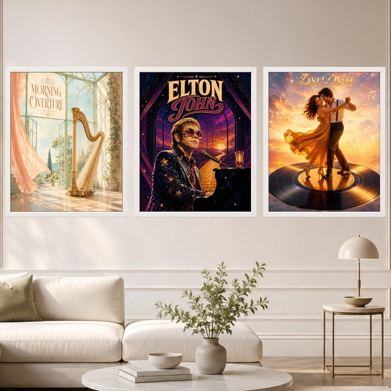 May include: Three framed wall art prints. The left print shows a harp in a sunlit room with the text Morning Overture. The center print features Elton John at a piano with a sunset background. The right print depicts a couple dancing on a vinyl record.