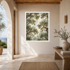 Stampa di un uliveto mediterraneo, prospettiva verso l'alto, paesaggio botanico verdeggiante (download digitale) immagine 6