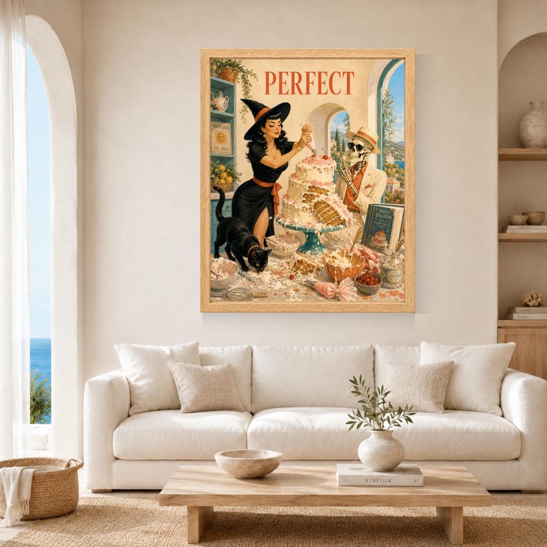 May include: A framed wall art print titled PERFECT featuring a woman in a black witch hat and dress decorating a multi-tiered cake. A skeleton in a hat and sunglasses sits nearby, while a black cat stands on the table amidst baking supplies.