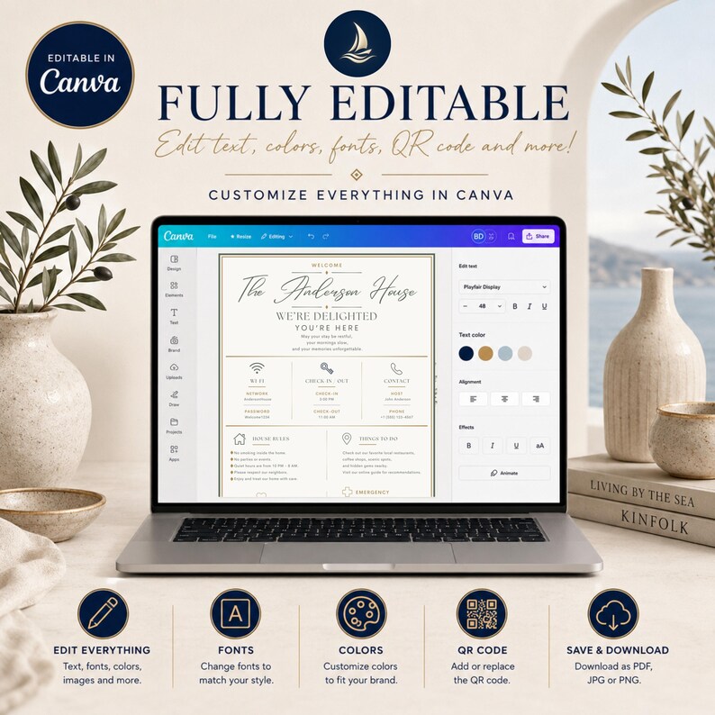 May include: A laptop screen displaying a customizable Canva template for a welcome sign, featuring text that reads The Anderson House, We're Delighted You're Here, and sections for Wi-Fi, check-in, contact, house rules, and emergency information.