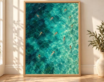 Aerial Ocean Swimmers Print, Turquoise Sea Pattern, Coastal Art (Digital Download)