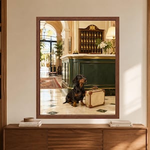 Framed dachshund hotel wall art showing a black and tan sausage dog sitting beside a vintage suitcase in an elegant lobby with a dark green reception desk, brass key rack and polished marble floor.