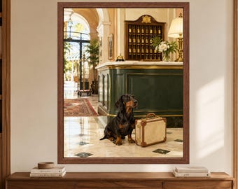 Vintage hotel lobby print met teckel, kofferhond kunst (digitale download)