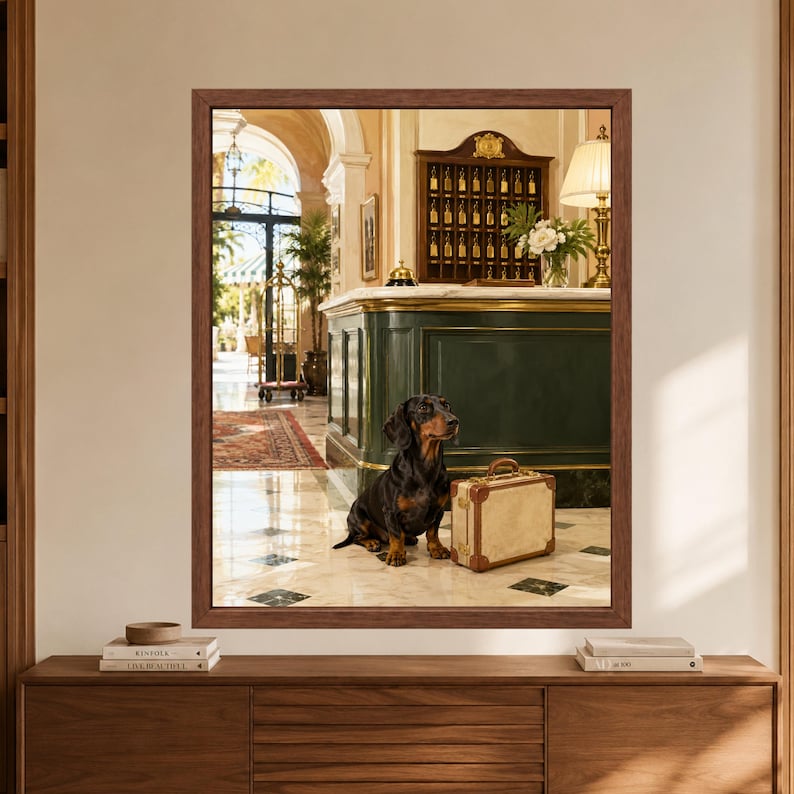 Framed dachshund hotel wall art showing a black and tan sausage dog sitting beside a vintage suitcase in an elegant lobby with a dark green reception desk, brass key rack and polished marble floor.