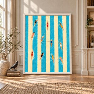 striped pool art, swimmer wall art, pool wall decor, coastal wall art, blue summer print, retro pool poster, swimming wall art, summer wall decor, pool lover gift, blue coastal art, beach house decor, swimmer poster, digital wall art
