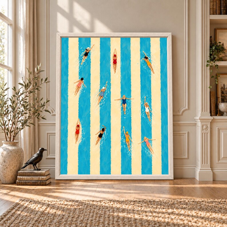 striped pool art, swimmer wall art, pool wall decor, coastal wall art, blue summer print, retro pool poster, swimming wall art, summer wall decor, pool lover gift, blue coastal art, beach house decor, swimmer poster, digital wall art