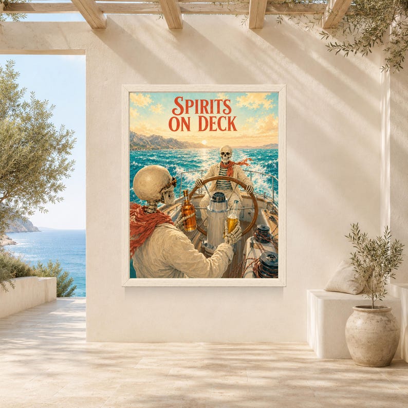 May include: A rectangular wall art print titled Spirits on Deck featuring two skeletons on a boat at sea. One skeleton steers the wheel while the other holds a bottle and a glass. The scene is set against a sunset sky with blue ocean waves.