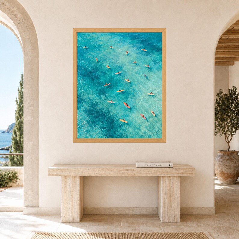 Aerial Turquoise Ocean Surfers Print, Coastal Surfboard Art (Digital Download) image 8