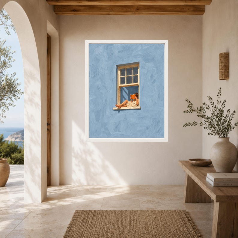 Woman Reading in Window Print, Soft Blue Wall Art, Book Lover Decor (Digital Download) image 6
