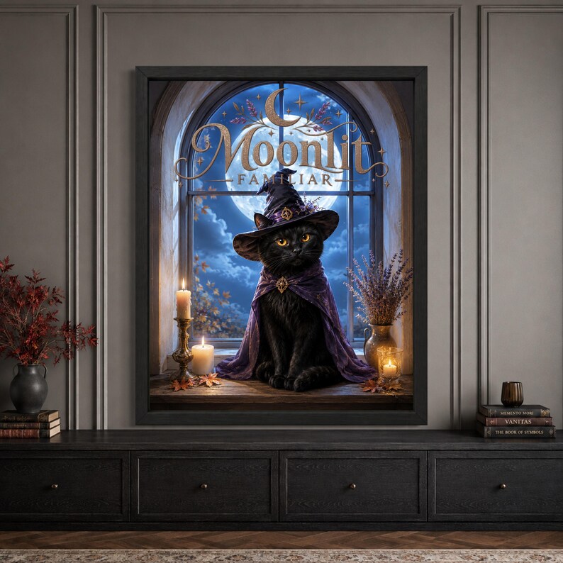 Framed black cat Halloween wall art featuring a witch cat in a purple hat and cloak seated before an arched window beneath a glowing full moon, surrounded by candles, lavender and autumn leaves with “Moonlit Familiar” typography.