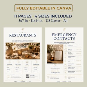 May include: A digital template set featuring 11 pages in 5x7 in, 11x14 in, US Letter, and A4 sizes, fully editable in Canva. The design includes a Restaurants guide with dining categories and an Emergency Contacts list with essential phone numbers.