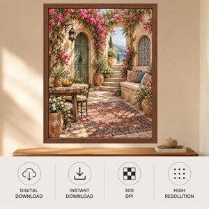 May include: A framed wall art print depicting a Mediterranean patio scene with a wooden table, chairs, stone archways, and vibrant pink bougainvillea flowers. The scene includes a patterned rug, terracotta pots, and a stone bench with cushions.