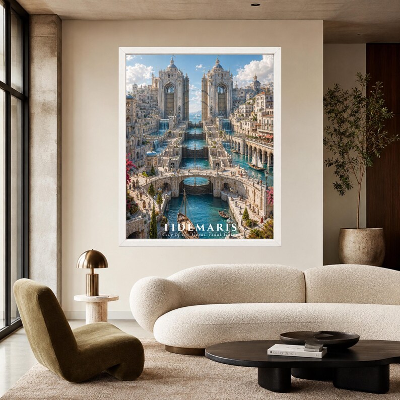 May include: A framed vertical wall art print depicting a fantasy city named TIDEMARIS, City of the Great Tidal Gates. The scene features ornate stone architecture, cascading waterfalls, blue canals, and sailing vessels under a bright blue sky.