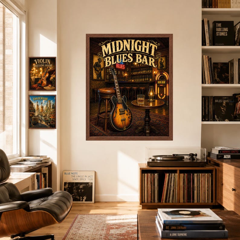 Puede incluir: Una l&aacute;mina de arte enmarcada titulada Midnight Blues Bar que muestra una guitarra el&eacute;ctrica de cuerpo hueco sobre un soporte, una mesa redonda de madera con un vaso de whisky, un taburete de bar y una gramola en un bar con luz c&aacute;lida.