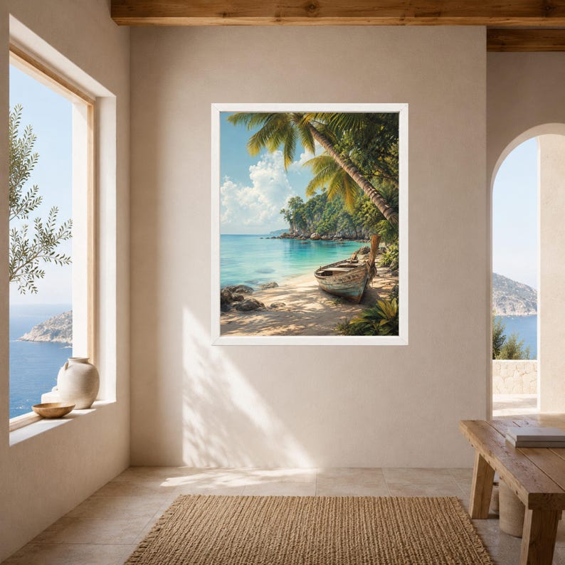 Puede incluir: Una impresi&oacute;n de arte mural enmarcada que muestra una playa tropical con un bote de madera desgastado en la arena. Palmeras verdes exuberantes se inclinan sobre la orilla, mientras aguas turquesas se encuentran con un cielo azul y nubes.
