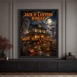 Framed jack-o’-lantern Halloween wall art featuring an old moonlit farmhouse surrounded by glowing carved pumpkins, autumn leaves and a rustic windmill, with bold “The Jack-O’-Lantern House” typography.