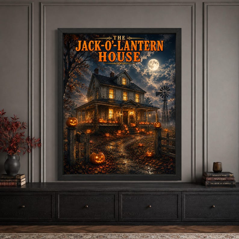 Framed jack-o’-lantern Halloween wall art featuring an old moonlit farmhouse surrounded by glowing carved pumpkins, autumn leaves and a rustic windmill, with bold “The Jack-O’-Lantern House” typography.