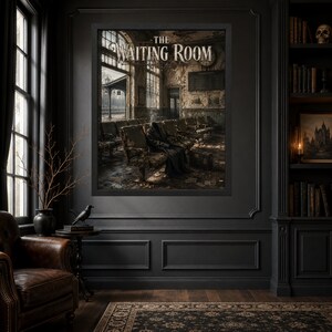 May include: A framed wall art print titled THE WAITING ROOM depicting a dark, dilapidated train station interior with rows of empty chairs, a lone hooded figure sitting in the center, and a large clock on the wall, all in muted brown tones.