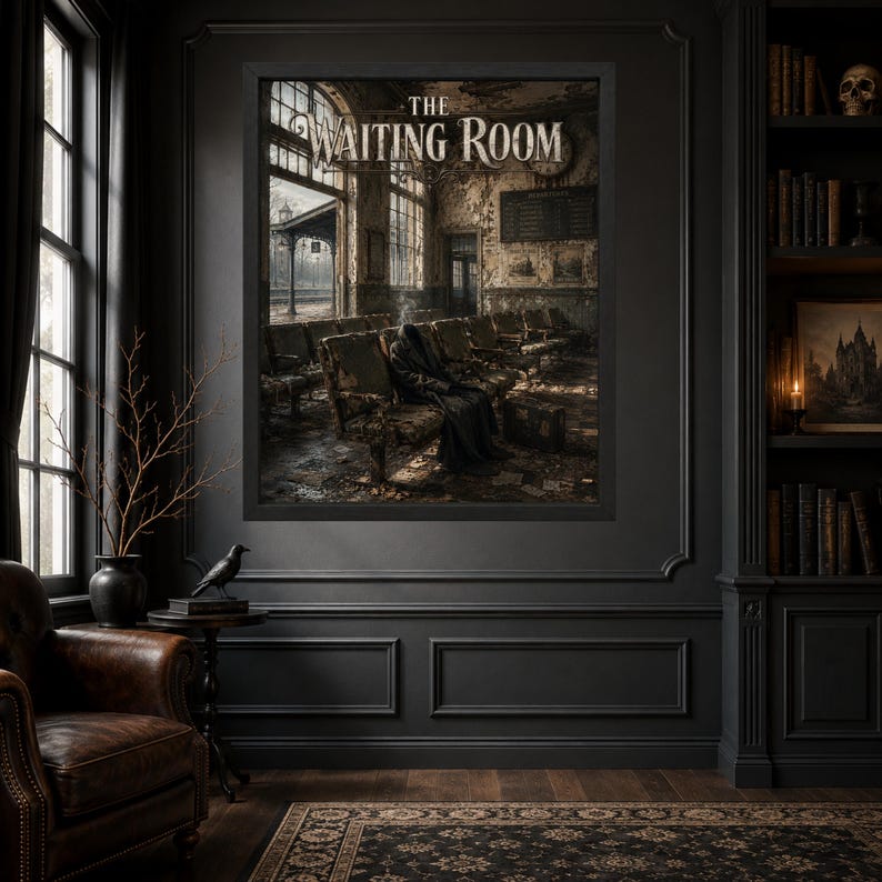 May include: A framed wall art print titled THE WAITING ROOM depicting a dark, dilapidated train station interior with rows of empty chairs, a lone hooded figure sitting in the center, and a large clock on the wall, all in muted brown tones.
