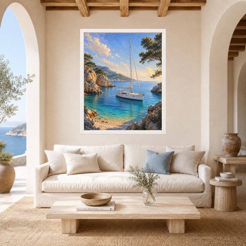 May include: A framed wall art print depicting a white sailboat anchored in a calm, turquoise cove surrounded by rocky cliffs and trees under a bright blue sky with soft clouds. The scene captures a serene coastal landscape with clear water.
