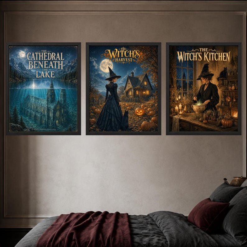 May include: Three framed wall art prints featuring fantasy scenes. The left print shows a submerged cathedral with the text The Cathedral Beneath The Lake. The center print depicts a witch in a field with pumpkins and the text The Witch's Harvest.