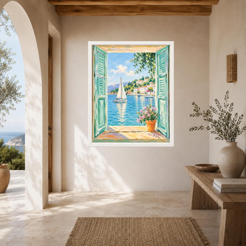 May include: A framed wall art print depicting an open window with teal shutters looking out onto a coastal scene. The view features a white sailboat on blue water, a hillside with white buildings, and a potted plant with pink flowers on the sill.
