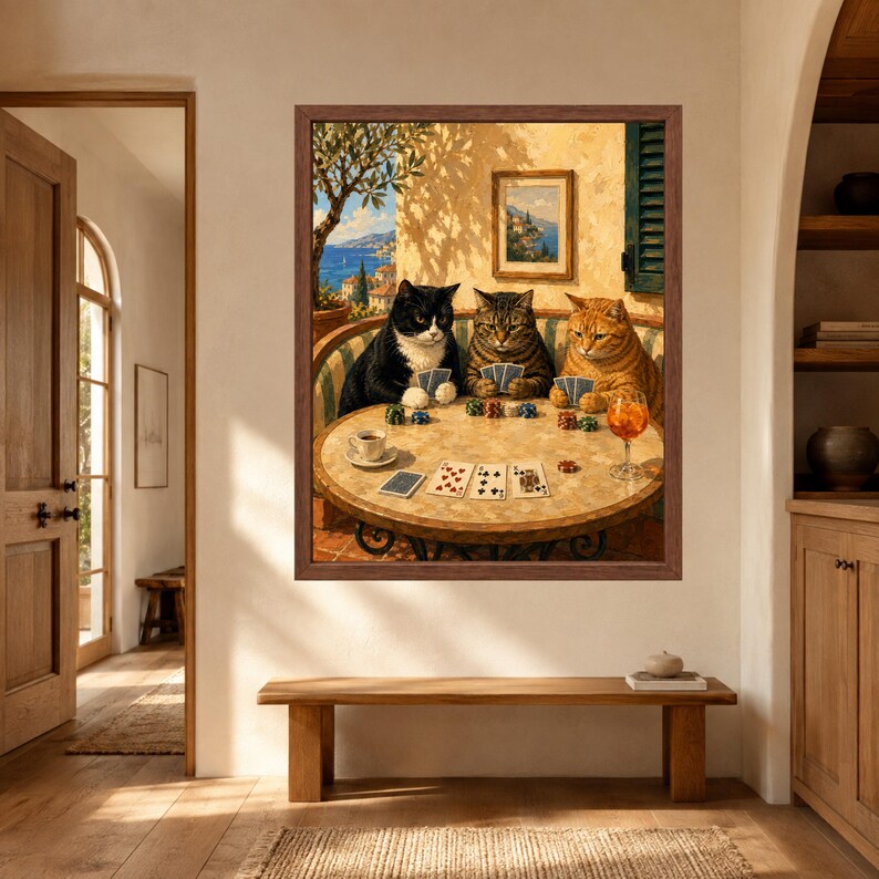 Muurdecoratie met katten die poker spelen, poster met mediterrane katten, decoratie voor de speelkamer, digitale download afbeelding 8
