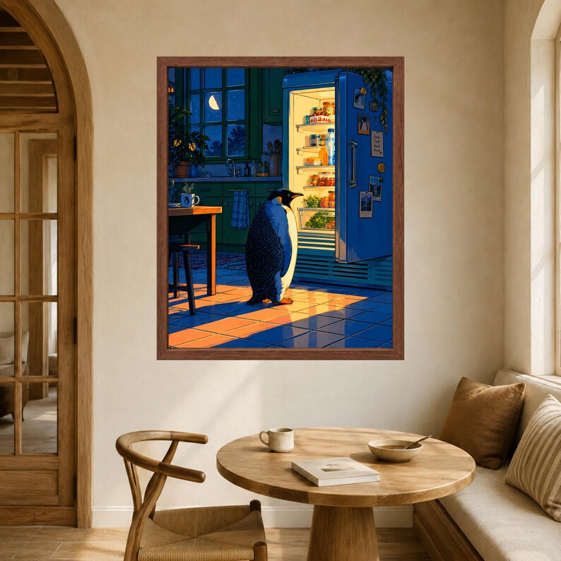May include: A framed wall art print depicting a penguin standing in a kitchen at night, illuminated by the warm light of an open refrigerator. The scene features a dark blue kitchen interior, a wooden table, and a crescent moon visible through a window.