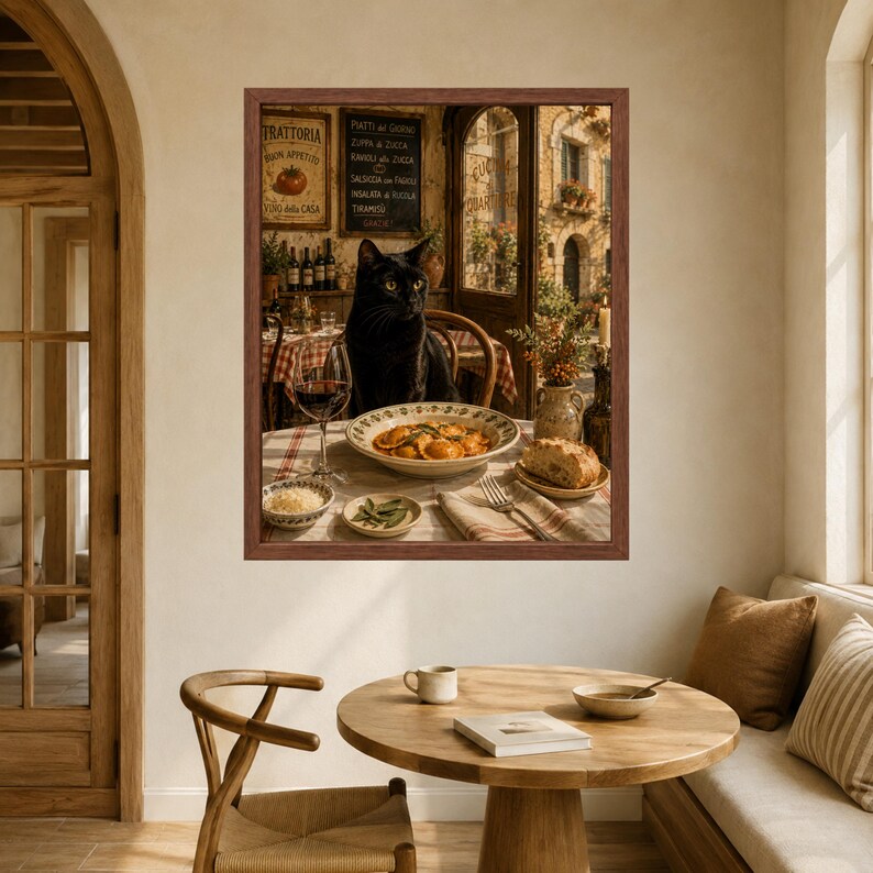 May include: A framed wall art print depicting a black cat sitting at a restaurant table set with a bowl of pasta, a glass of red wine, a small dish of cheese, and a piece of bread. The background shows a rustic Italian trattoria setting.
