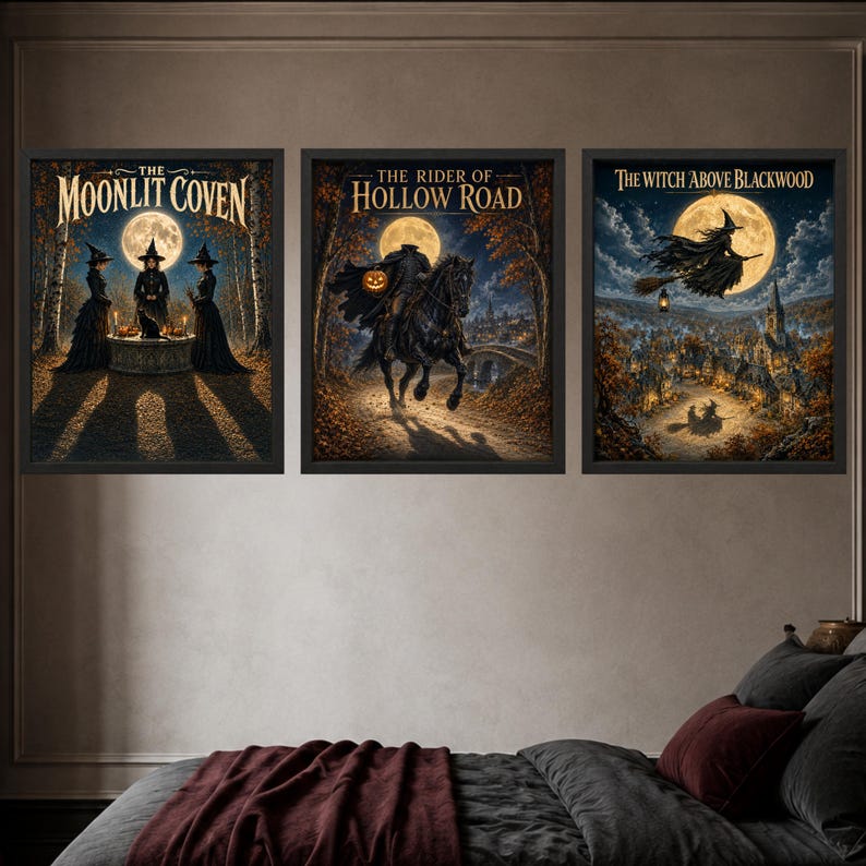 May include: Three framed wall art prints featuring dark fantasy scenes. The left print shows three figures in black robes titled The Moonlit Coven. The center print depicts a headless horseman titled The Rider of Hollow Road. The right print shows a witch flying over a village titled The Witch Above Blackwood.