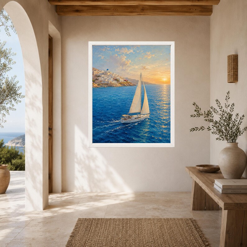 May include: A framed wall art print featuring a sailboat navigating deep blue waters at sunset. The scene includes a white sailboat with sails unfurled, moving toward a coastal hillside town with white buildings under a warm, golden sky.