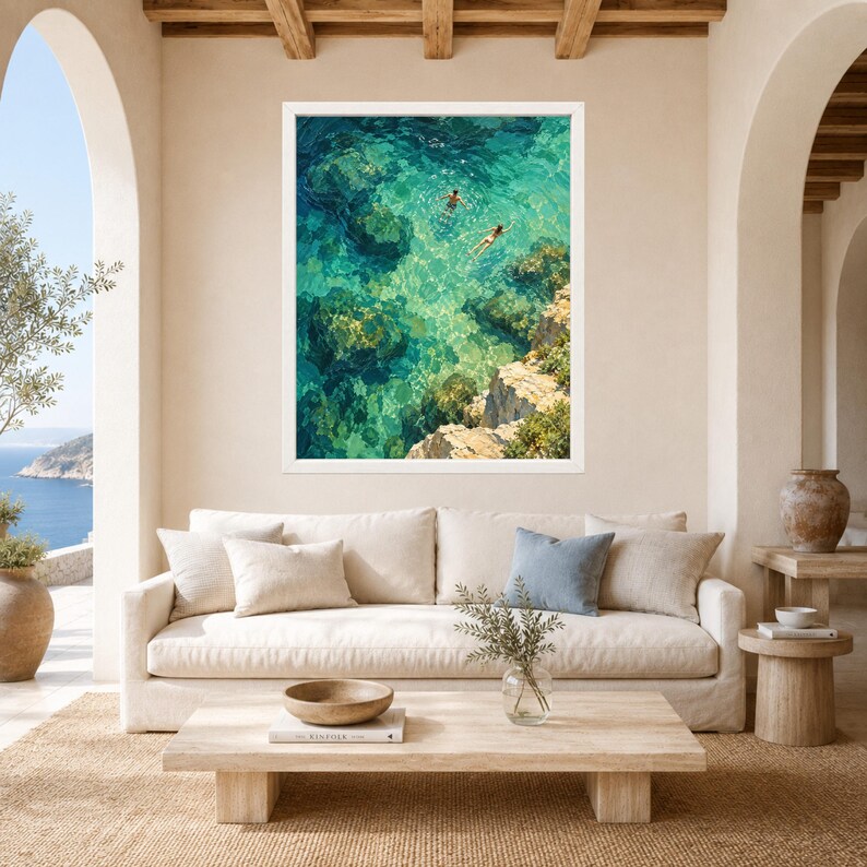 Aerial Swimmers Print, Emerald Cove Turquoise Ocean Art (Digital Download) image 3