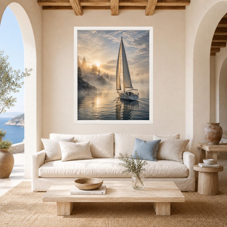 May include: A framed wall art print featuring a sailboat on a calm, misty lake at sunrise. The scene depicts a single sailboat with white sails gliding across reflective water, surrounded by dense, fog-covered pine trees under a soft golden sky.