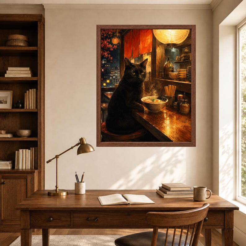 May include: A framed wall art print depicting a black cat sitting at a wooden counter in a dimly lit restaurant. The cat is positioned next to a steaming bowl of ramen with chopsticks. The scene features warm orange lighting, red curtains, and a city view.