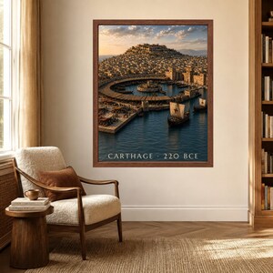 May include: A framed wall art print depicting an ancient coastal city with a circular harbor, stone fortifications, and wooden sailing ships on the water. The text CARTHAGE 220 BCE is printed in white at the bottom of the rectangular image.