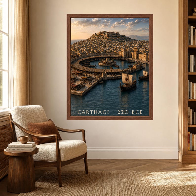 May include: A framed wall art print depicting an ancient coastal city with a circular harbor, stone fortifications, and wooden sailing ships on the water. The text CARTHAGE 220 BCE is printed in white at the bottom of the rectangular image.