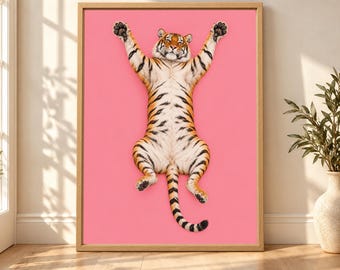 Pink Tiger Wall Art, Funny Animal Print, Maximalist Bedroom Decor (Digital Download)