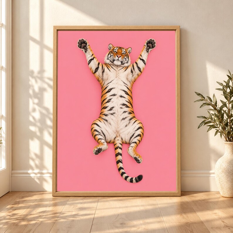 Framed pink tiger wall art showing a realistic orange and black tiger lying on its back with all four paws raised against a solid bright pink background.